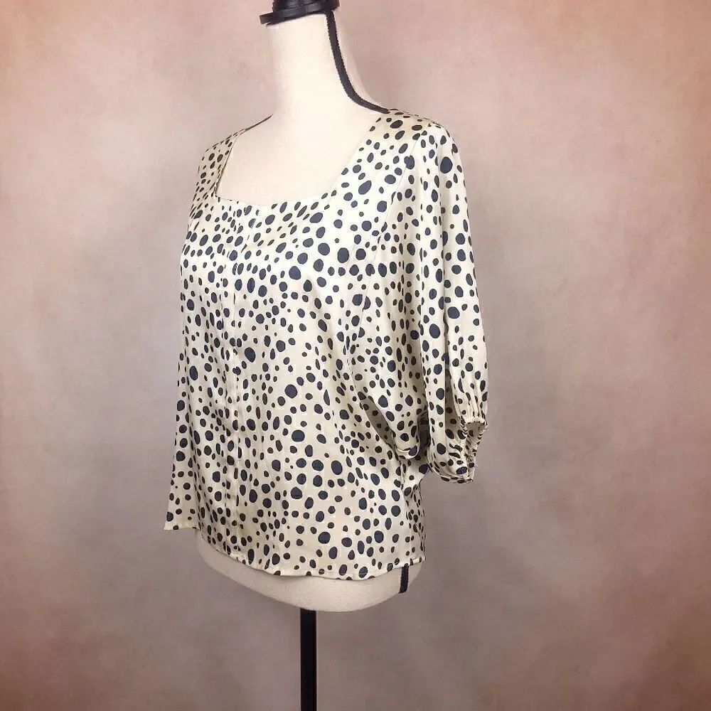Tucker Cream And Black Polka Dot Dolman Sleeve Loose Boho Silk Blouse Size Med